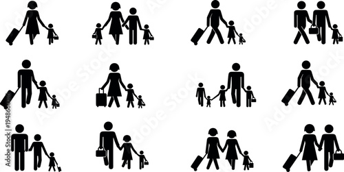 Family travel silhouette set with parents children and luggage for airport departure vacation trip planning international tourism and family holiday branding