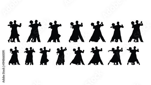 Silhouette of multiple people dancing in two rows with various dynamic poses and movements captured in black figures on white background