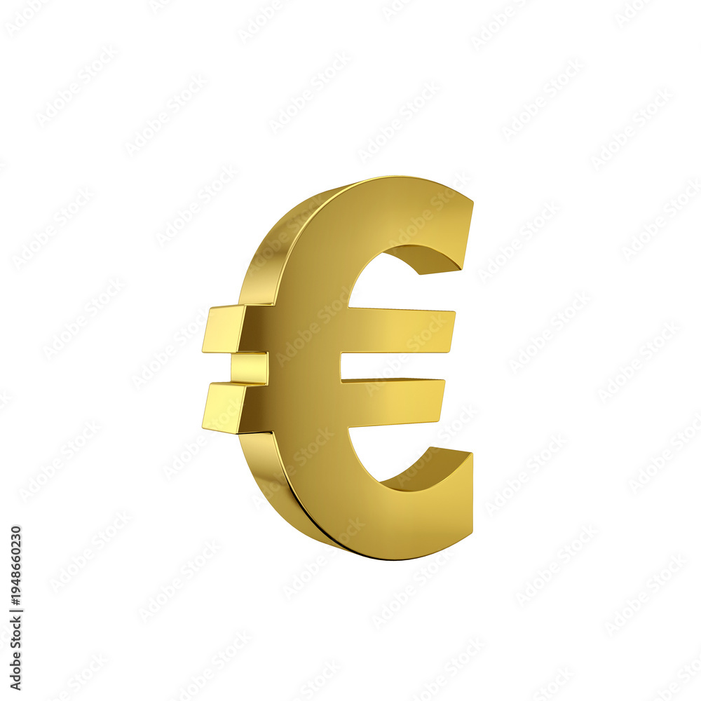 Obraz premium 3D rendering of a golden Euro currency symbol (€) isolated on white background, concept for European economy, finance, and wealth.