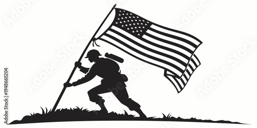 soldier planting american flag in the ground Vector