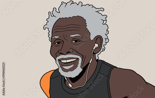 Smiling elderly man runs wearing earphones in a simple style illustration
