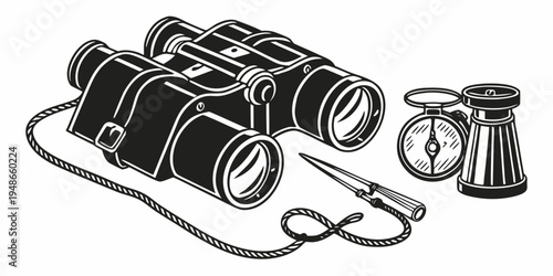 a black binoculars with a strap and two extra lens Vector