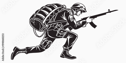 a soldier is running with a gun and a backpack Vector