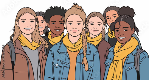 Group of students wearing yellow scarves and smiling in a school setting during a sunny day