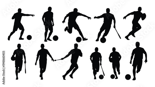Collection of dynamic soccer player silhouettes in various actions and poses on white background