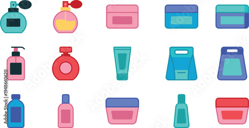 Colorful cosmetic and beauty product bottle icon set featuring perfume lotion cream shampoo and skincare containers for personal care
