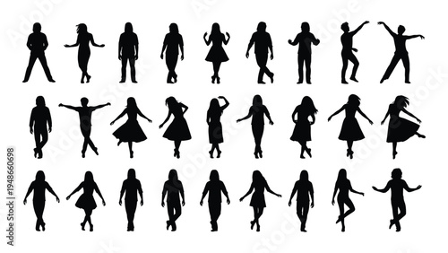 Collection of diverse dance silhouettes featuring men, women, and couples in various dynamic poses and movements