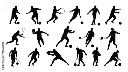 Collection of dynamic soccer player silhouettes in various actions and poses