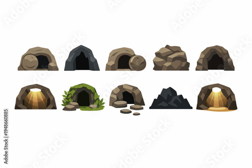 Stone Tomb Cave Icon Set – Rolled Stone, Shadowed Entrance, and Light Rays Flat Design