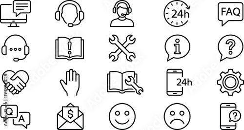 Customer support and help service line icon set featuring headset FAQ information chat assistance troubleshooting and communication symbols