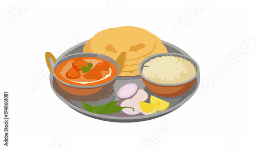 Butter Chicken Kadai with Naan and Jeera Rice Punjabi Dhaba Style Thali Vector Illustration