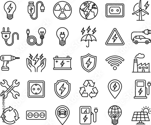 Electricity energy and power line icon set featuring plug battery lightning solar panel wind turbine and charging symbols