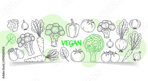 Vegan Food Assortment: Hand-Drawn Vegetables and Salad Greens