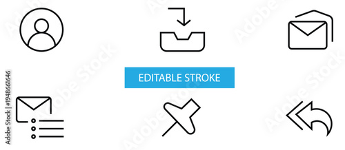 Email and Communication Workflow Line Icon Set including Inbox Download, Message Notification, Push Pin, and Reply Arrow with Editable Stroke
