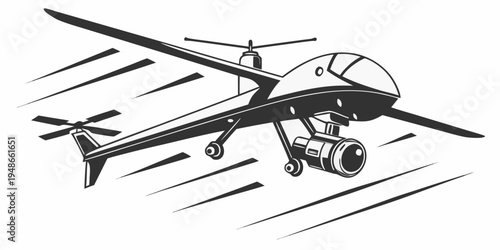 a black and white drawing of a helicopter in flight Vector