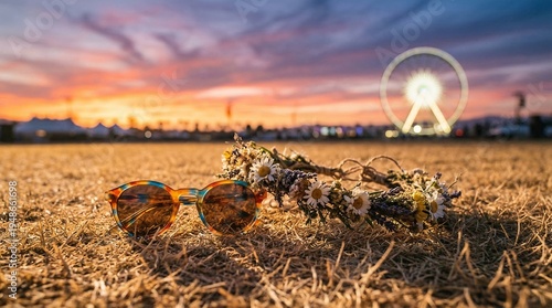 Colorful retro sunglasses and a woven boho flower crown rest on dry grass under vibrant sunset lighting for the Coachella music festival.