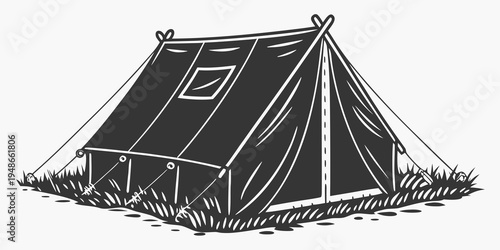 a black tent with a window on a grassy field Vector