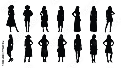 Collection of diverse female silhouettes in various poses and attire