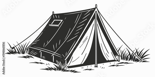 a black and white drawing of a tent in a field Vector
