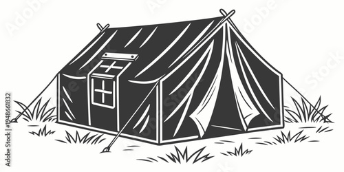 a black and white drawing of a tent in a field Vector