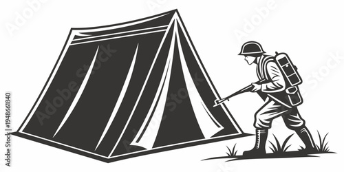 soldier setting up a tent in the field Vector