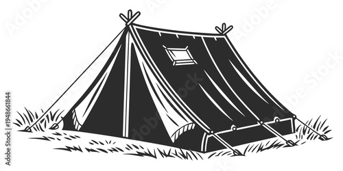 a black tent with a window on a grassy field Vector