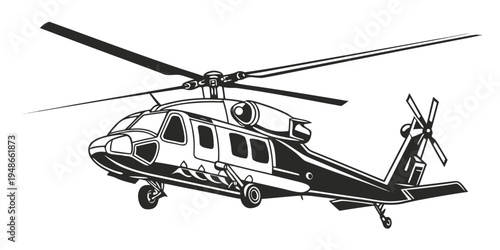 a black and white helicopter with rotor blades Vector