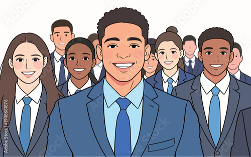 Group of young adults in suits standing together and smiling in a neutral background