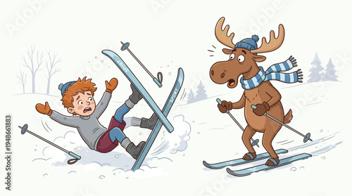 Funny winter skiing accident cartoon illustration with falling skier and moose skiing character in snowy forest scene