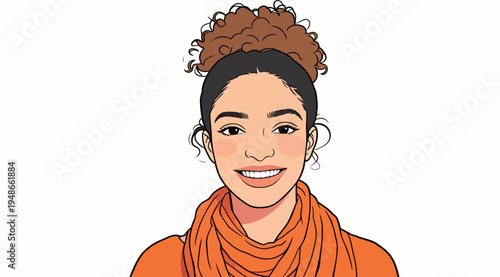 Smiling woman with curly hair wearing orange scarf and top against a plain background