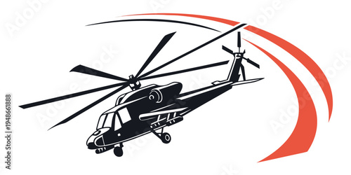 a black helicopter with rotor blades flying Vector