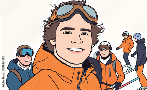 Winter sports activity in a ski resort with friends enjoying their time on the slopes in bright weather