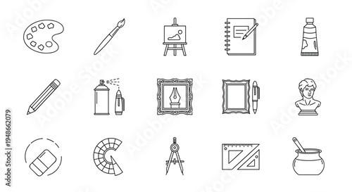 Set of artistic tools and creative equipment icons for design projects