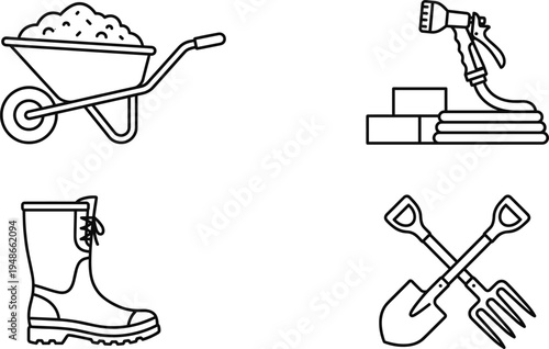 Gardening tools and construction work icon set featuring wheelbarrow hose boots shovel and rake symbols for outdoor yard work