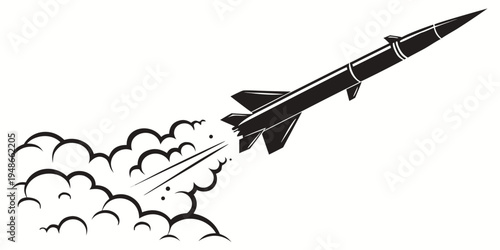 a black and white drawing of a missile in flight Vector