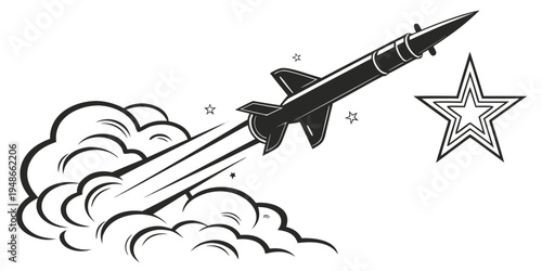 a black and white drawing of a missile launching into the air Vector