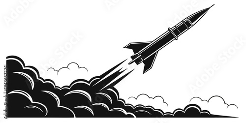 a black and white illustration of a rocket launching into the sky Vector