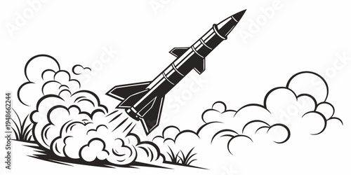 a rocket launching into the sky with smoke and flames Vector