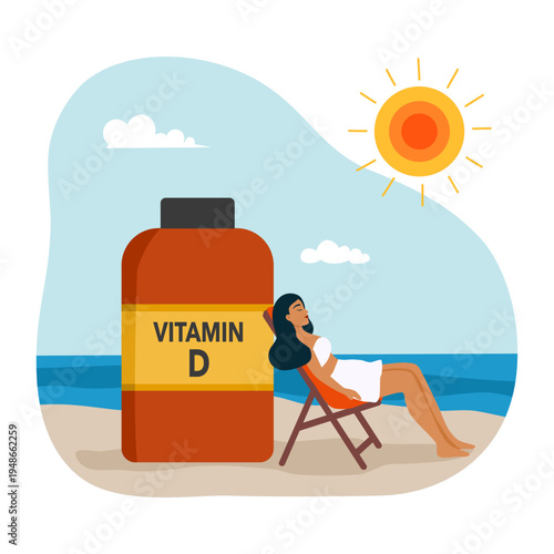 Vector illustration of a tanned girl on the beach and getting vitamin D from the sun. Cartoon scene with a girl sunbathing on the beach in a swimsuit and getting vitamin D.