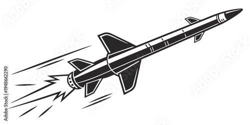 a black and white drawing of a missile in flight Vector