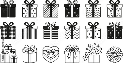 Gift box and present icon set featuring wrapped packages bows celebration surprise birthday holiday decoration symbols for festive occasions