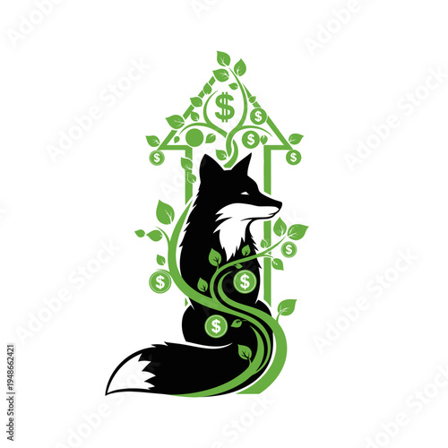 Clever Fox with Growing Money Tree and Dollar Signs - Financial Growth Concept