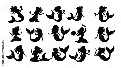 A comprehensive analysis of diverse mermaid silhouettes in various poses and configurations