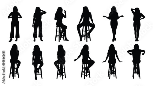 Collection of female silhouettes in various poses on stools and standing, showcasing different body language and postures