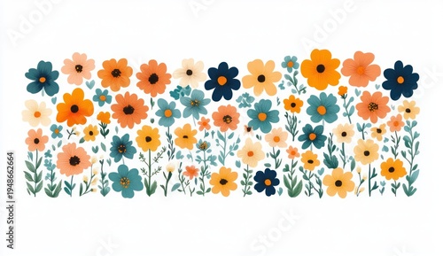 playful whimsical band of stylized flowers and green foliage in orange, teal, navy, yellow and cream on white background, cheerful spring floral pattern