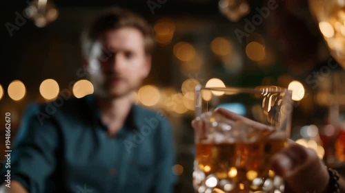 Man refuses drink at bar, showing stop hand gesture, alcohol addiction concept