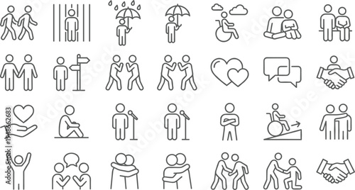 Human relationships and social interaction line icon set featuring couples friendship support communication love teamwork and community symbols