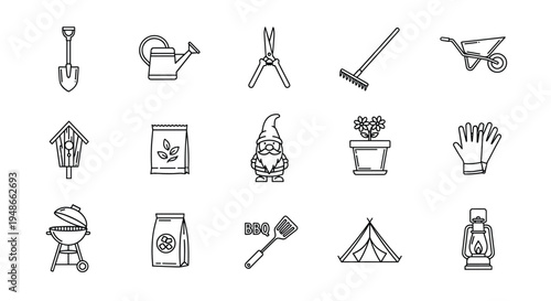 Set of gardening and camping equipment line icons