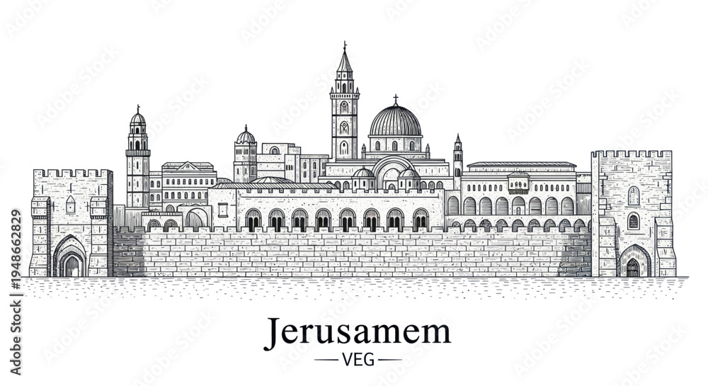Obraz premium Jerusalem Old City Skyline Sketch - Ancient Architecture and Landmarks