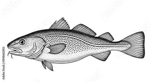 Detailed illustration of a Atlantic cod fish, isolated on white background